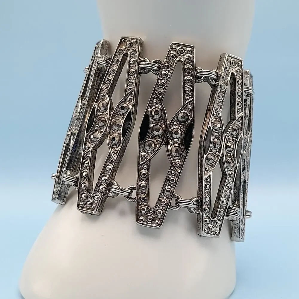 Vintage Art Deco Faux Marcasite Rhinestone Wide Bracelet, 7 1/4 Inches, 1980s